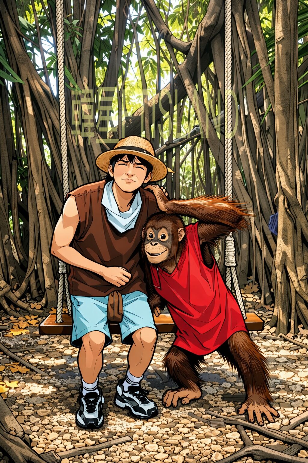 Weverseメンバーシップ投稿の構図を再現したイメージイラスト（ホンギ×オランウータン）